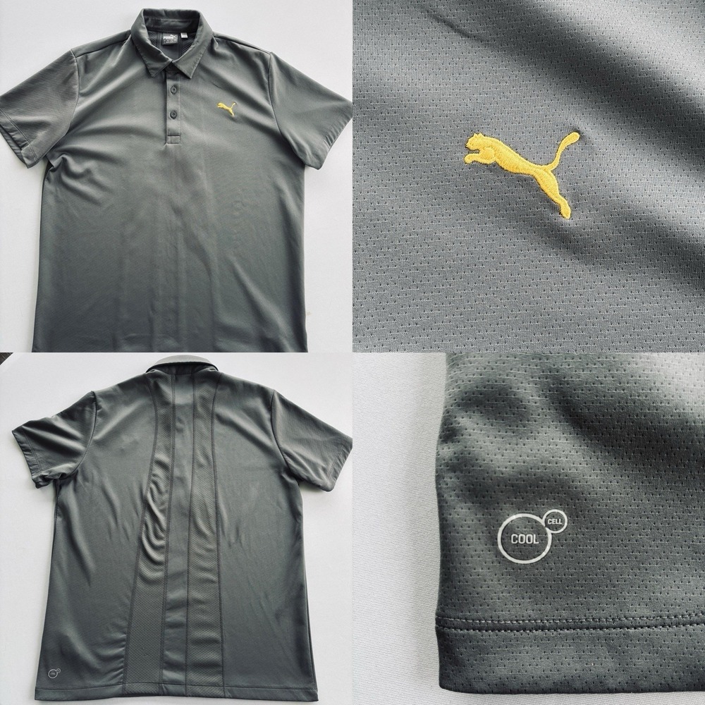 Puma Golf Cool Cell Polo Shirt L Gray Yellow Logo Vent Back Stretch‎ Performance